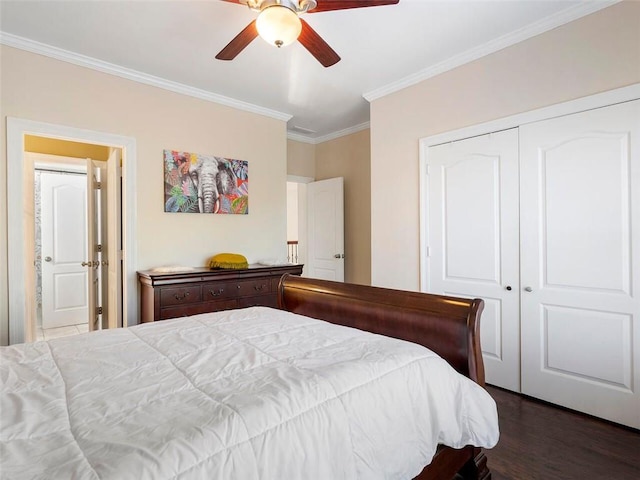 bedroom with crown molding, ceiling fan, dark wood-type flooring, and a closet