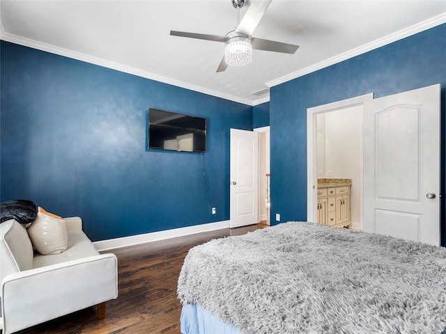 bedroom featuring ornamental molding, ensuite bath, dark hardwood / wood-style flooring, and ceiling fan