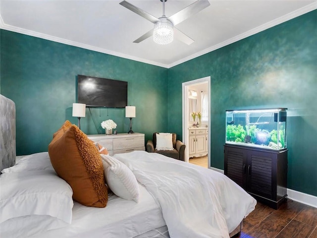 bedroom with crown molding, hardwood / wood-style floors, ensuite bath, and ceiling fan