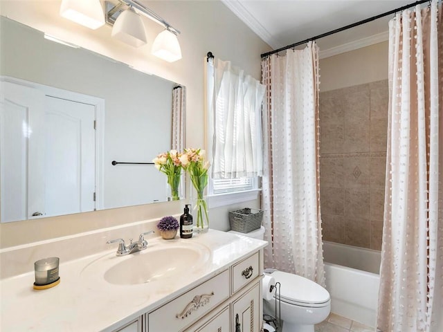 full bathroom with vanity, shower / bath combo with shower curtain, tile patterned floors, crown molding, and toilet