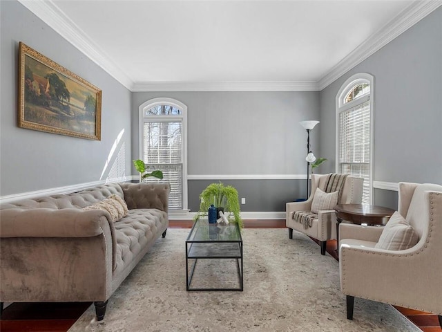 living room featuring ornamental molding and light hardwood / wood-style floors