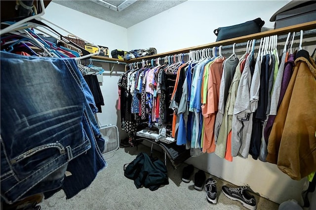 spacious closet with carpet flooring and attic access