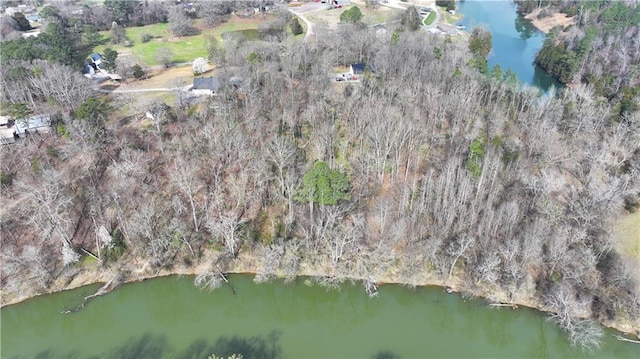 birds eye view of property with a water view and a wooded view