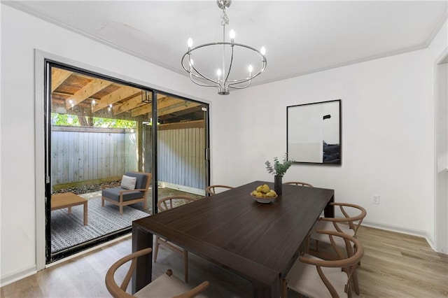 dining space with light wood-type flooring and an inviting chandelier