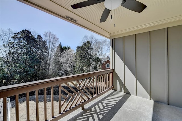 balcony featuring ceiling fan and visible vents