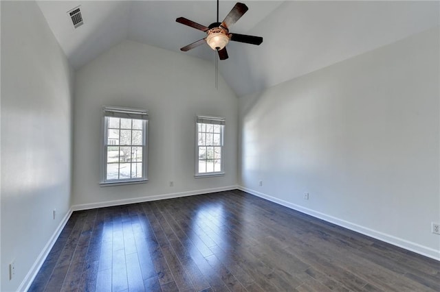 unfurnished room with baseboards, visible vents, ceiling fan, dark wood-style flooring, and high vaulted ceiling