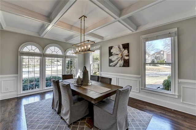 dining room featuring coffered ceiling, a chandelier, dark wood finished floors, and beam ceiling