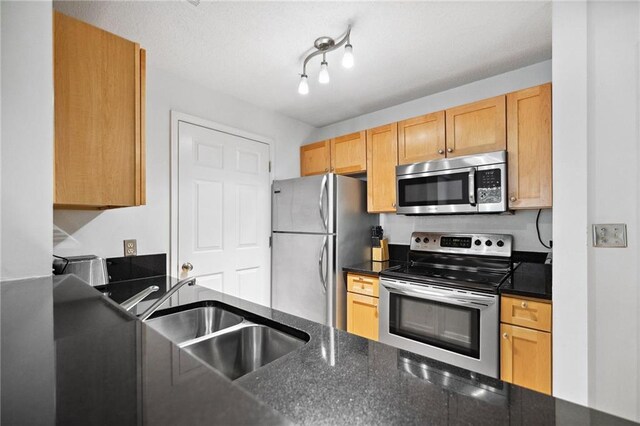 kitchen with a sink, dark stone counters, and stainless steel appliances