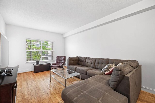 living area featuring light wood-style floors, baseboards, and a textured ceiling