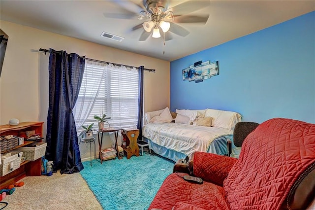 bedroom featuring carpet and ceiling fan