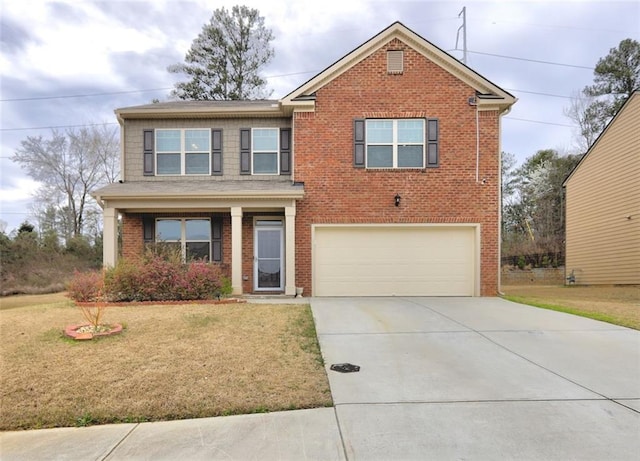 view of property featuring a garage and a front yard