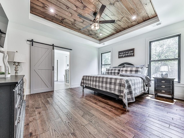 1170 Upper Sweetwater Trl SE, White, GA 30184 - bedroom featuring a raised ceiling, wooden ceiling, dark wood-style floors, and visible vents