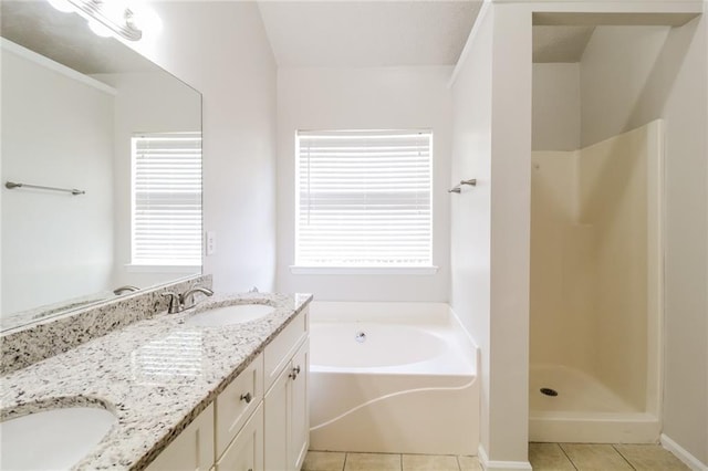 full bathroom featuring double vanity, walk in shower, tile patterned floors, a sink, and a wealth of natural light