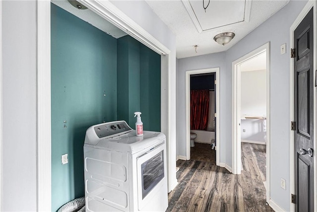 16 Bay Ct SW, Cartersville, GA 30120 - laundry room with washer / clothes dryer, dark wood-type flooring, and attic access