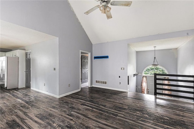 16 Bay Ct SW, Cartersville, GA 30120 - unfurnished living room featuring high vaulted ceiling, ceiling fan, and dark wood-style flooring
