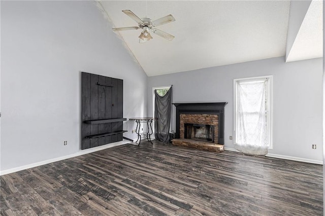 16 Bay Ct SW, Cartersville, GA 30120 - unfurnished living room featuring a fireplace, a ceiling fan, high vaulted ceiling, and wood finished floors