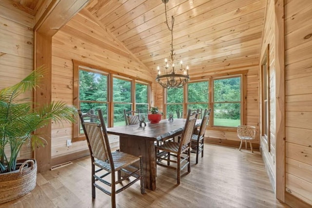 311 Bailey Farm Ln, Mineral Bluff, GA 30559 - dining space with vaulted ceiling, wooden walls, a chandelier, wood ceiling, and light wood-type flooring