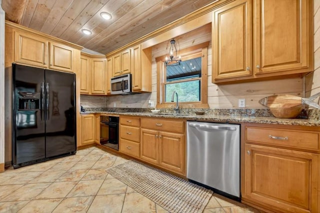 311 Bailey Farm Ln, Mineral Bluff, GA 30559 - kitchen with black appliances, wooden ceiling, dark stone counters, tasteful backsplash, and recessed lighting