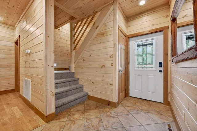 311 Bailey Farm Ln, Mineral Bluff, GA 30559 - foyer featuring wooden walls, wooden ceiling, recessed lighting, and stairs