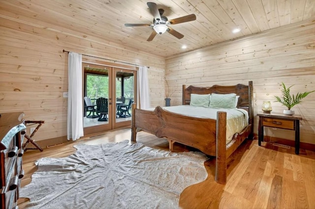 311 Bailey Farm Ln, Mineral Bluff, GA 30559 - bedroom with wood ceiling, access to outside, wood walls, light wood-style flooring, and recessed lighting