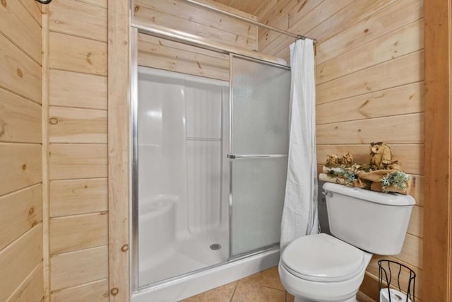 311 Bailey Farm Ln, Mineral Bluff, GA 30559 - bathroom featuring a shower stall, wood walls, and tile patterned flooring