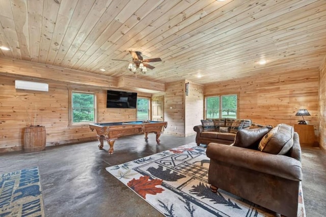 311 Bailey Farm Ln, Mineral Bluff, GA 30559 - game room with concrete flooring, billiards, wooden ceiling, plenty of natural light, and wood walls