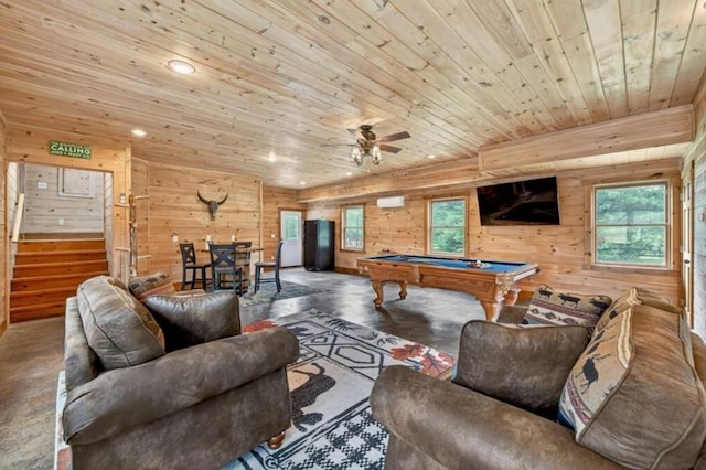 311 Bailey Farm Ln, Mineral Bluff, GA 30559 - game room with wooden ceiling, billiards table, wooden walls, plenty of natural light, and a ceiling fan