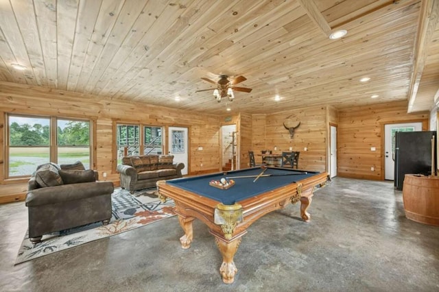 311 Bailey Farm Ln, Mineral Bluff, GA 30559 - playroom featuring finished concrete floors, wood ceiling, recessed lighting, a ceiling fan, and wood walls