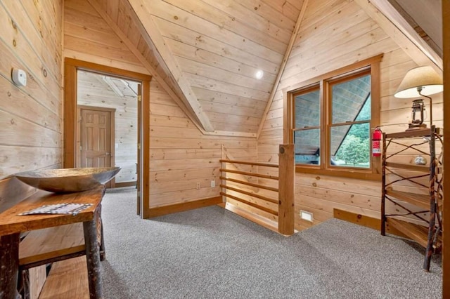 311 Bailey Farm Ln, Mineral Bluff, GA 30559 - additional living space with wood walls, carpet flooring, vaulted ceiling, and wooden ceiling