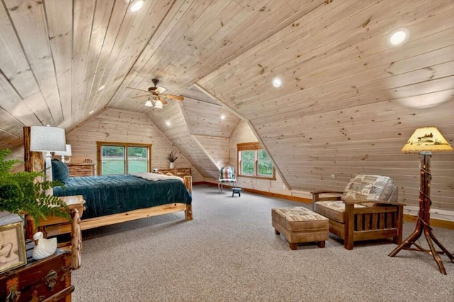 311 Bailey Farm Ln, Mineral Bluff, GA 30559 - carpeted bedroom with wooden ceiling, wood walls, lofted ceiling, and recessed lighting