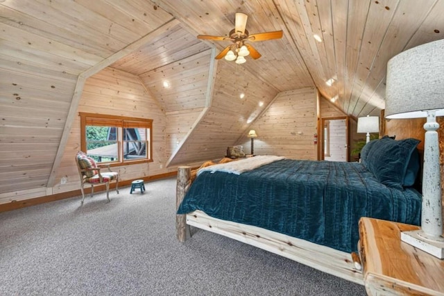 311 Bailey Farm Ln, Mineral Bluff, GA 30559 - carpeted bedroom featuring vaulted ceiling, wood walls, and wooden ceiling