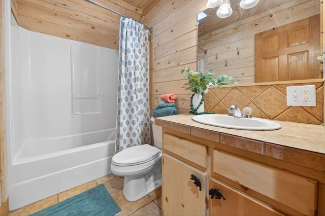311 Bailey Farm Ln, Mineral Bluff, GA 30559 - full bath featuring vanity, tile patterned floors, wooden walls, and shower / bath combo