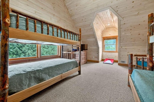 311 Bailey Farm Ln, Mineral Bluff, GA 30559 - bedroom featuring vaulted ceiling, wood walls, carpet flooring, and wooden ceiling