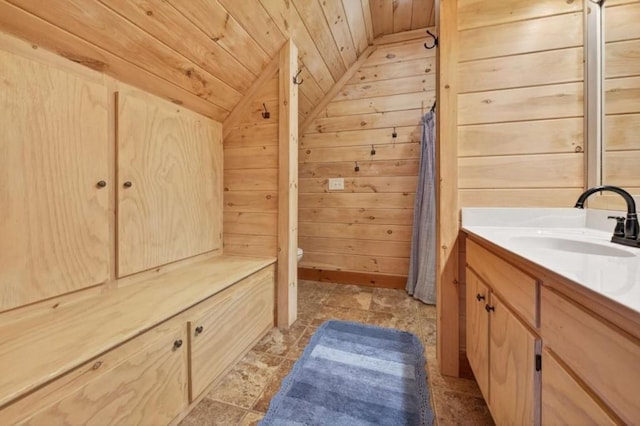 311 Bailey Farm Ln, Mineral Bluff, GA 30559 - full bathroom featuring vanity, lofted ceiling, wooden ceiling, and wooden walls