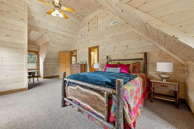311 Bailey Farm Ln, Mineral Bluff, GA 30559 - carpeted bedroom with wood ceiling, wooden walls, and ceiling fan