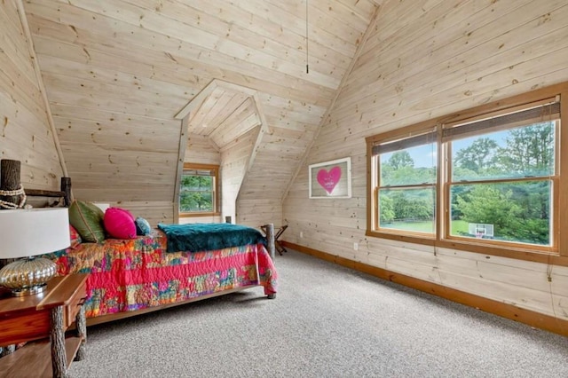 311 Bailey Farm Ln, Mineral Bluff, GA 30559 - carpeted bedroom featuring multiple windows, vaulted ceiling, and wooden walls