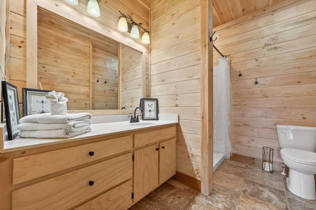 311 Bailey Farm Ln, Mineral Bluff, GA 30559 - bathroom with wood walls, vanity, and a shower stall