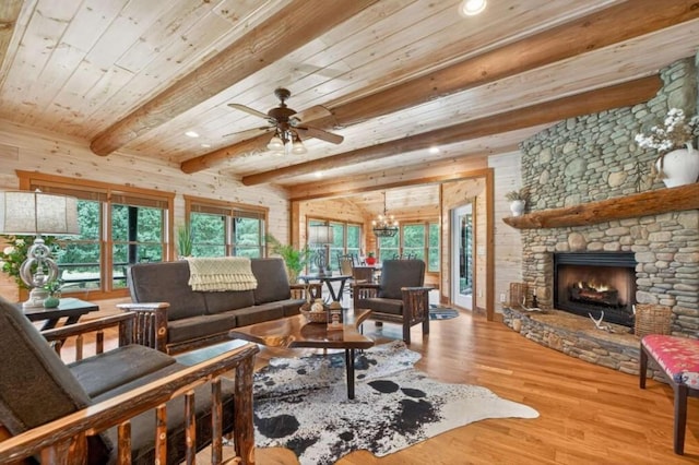 311 Bailey Farm Ln, Mineral Bluff, GA 30559 - living room with wood finished floors, a wooden ceiling with exposed beams, recessed lighting, ceiling fan, and a chandelier