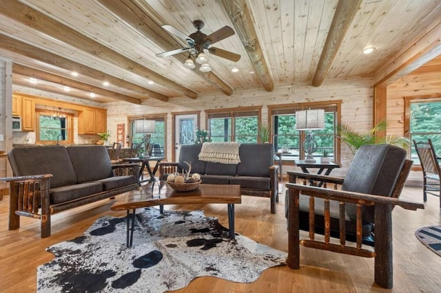 311 Bailey Farm Ln, Mineral Bluff, GA 30559 - living area featuring a wooden ceiling with exposed beams, light wood-style floors, a ceiling fan, recessed lighting, and wooden walls