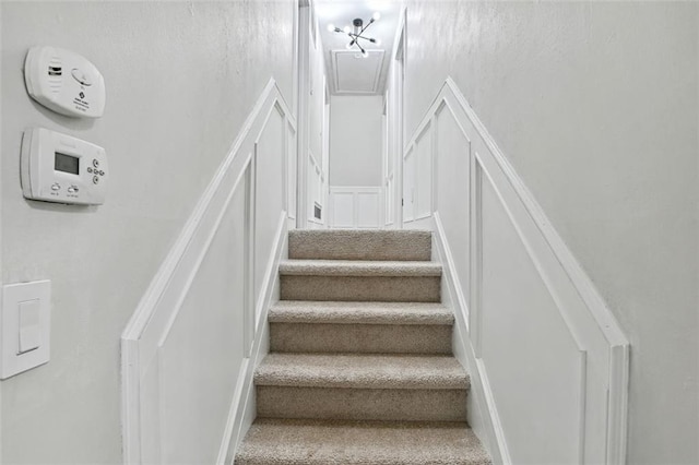 stairs featuring carpet flooring