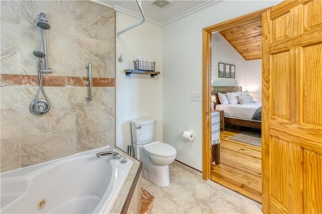 full bathroom with ornamental molding, visible vents, connected bathroom, and toilet