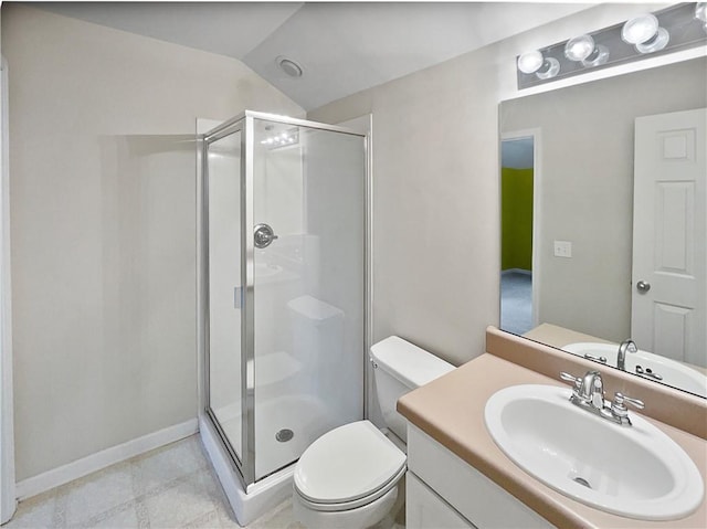 bathroom with toilet, a shower with door, lofted ceiling, and vanity