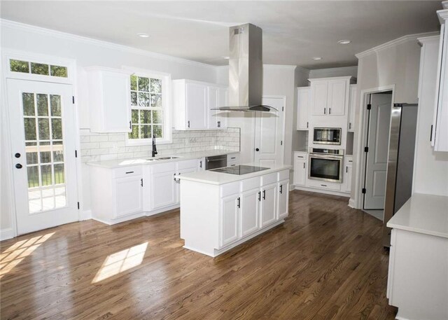 kitchen featuring island exhaust hood, white cabinets, dark wood-type flooring, stainless steel appliances, and a sink