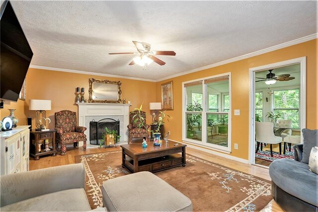 living room with ornamental molding, ceiling fan, and hardwood / wood-style floors