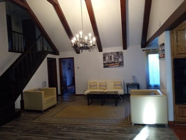 dining space featuring dark hardwood / wood-style flooring, lofted ceiling with beams, and a chandelier