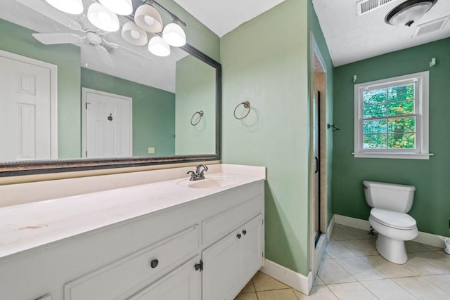 full bath with visible vents, baseboards, toilet, tile patterned floors, and vanity