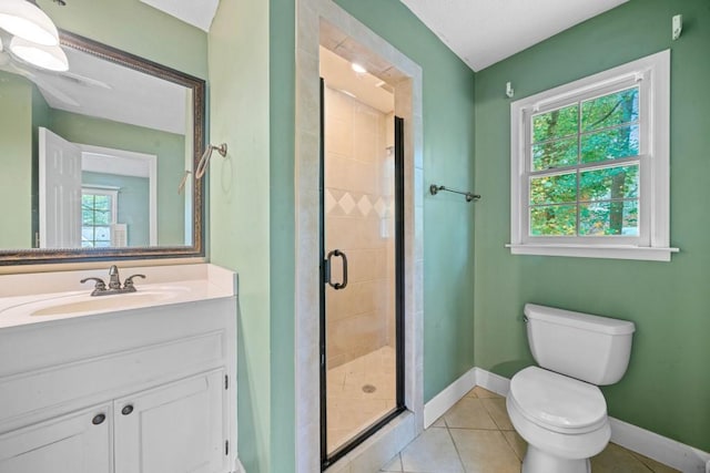 full bath with toilet, a stall shower, tile patterned flooring, baseboards, and vanity