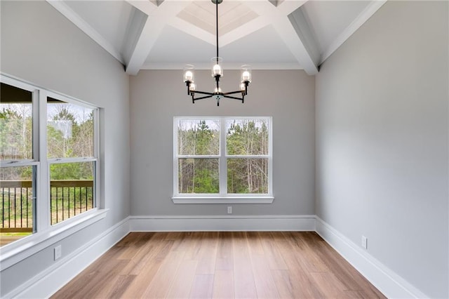 unfurnished dining area with coffered ceiling, wood finished floors, baseboards, beamed ceiling, and an inviting chandelier