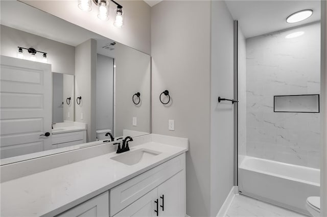 full bath featuring shower / bathing tub combination, vanity, toilet, baseboards, and marble finish floor