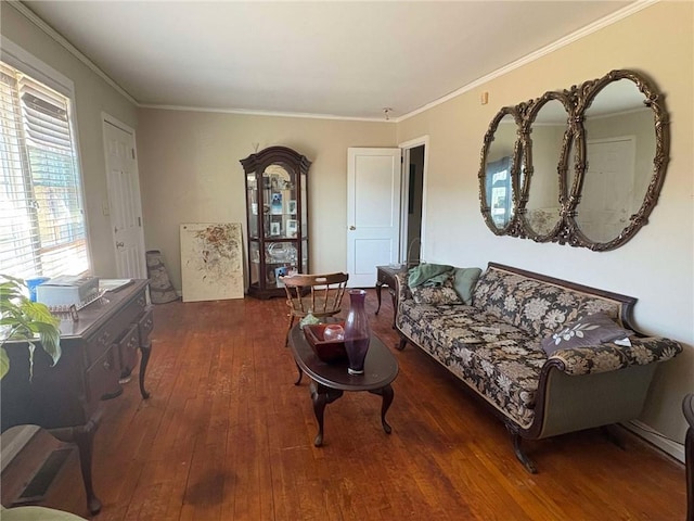 living room with ornamental molding and dark wood-type flooring